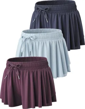 3 Pack Womens Flowy Running Shorts, 2-in-1 Butterfly Skirts with Shorts Underneath Spandex Athletic Casual Gym Workout Lounge