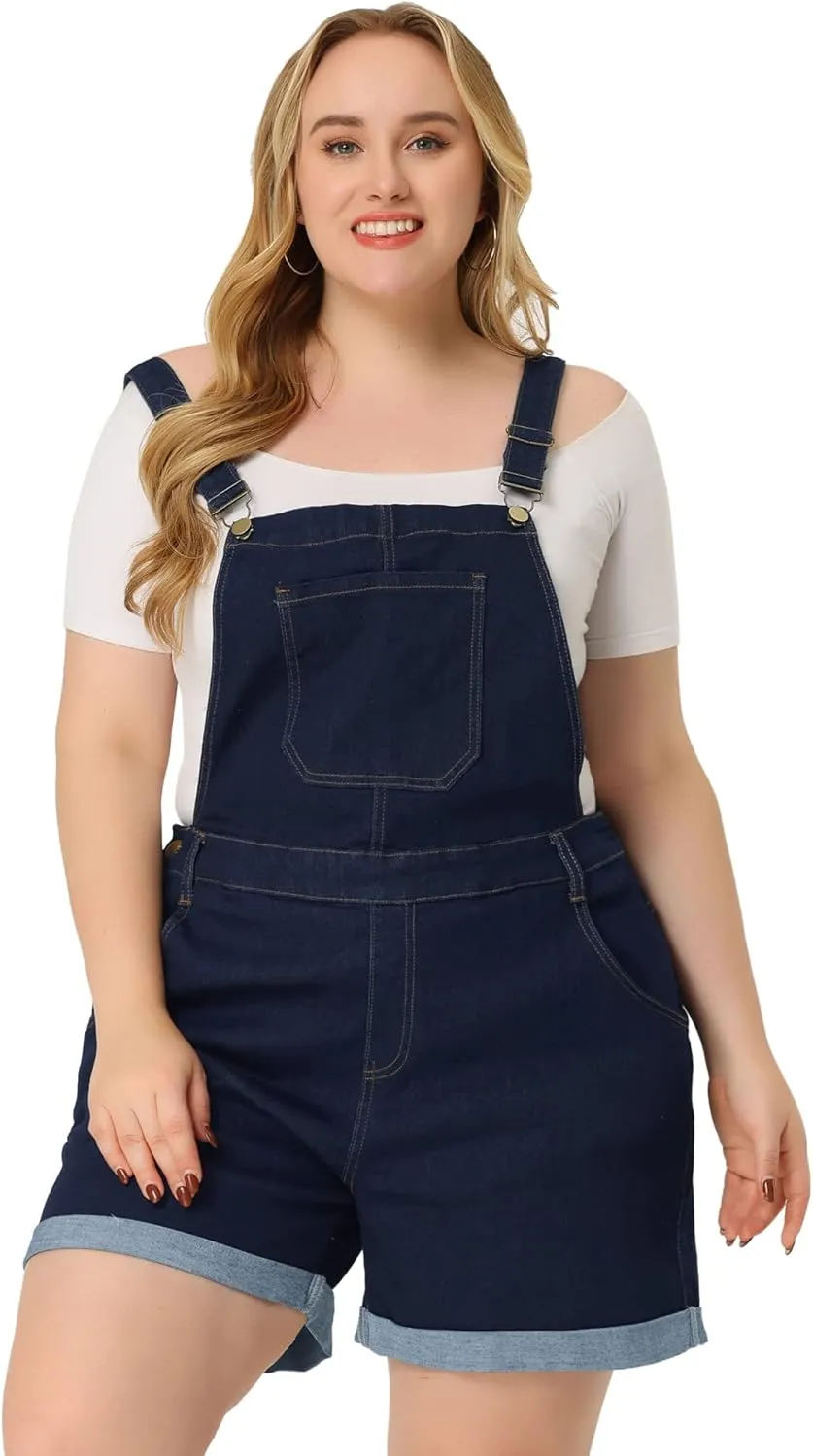 Agnes Orinda Plus Size Overall Shorts for Women Jumpsuit Roll Hem Pocket Jean Denim Overalls