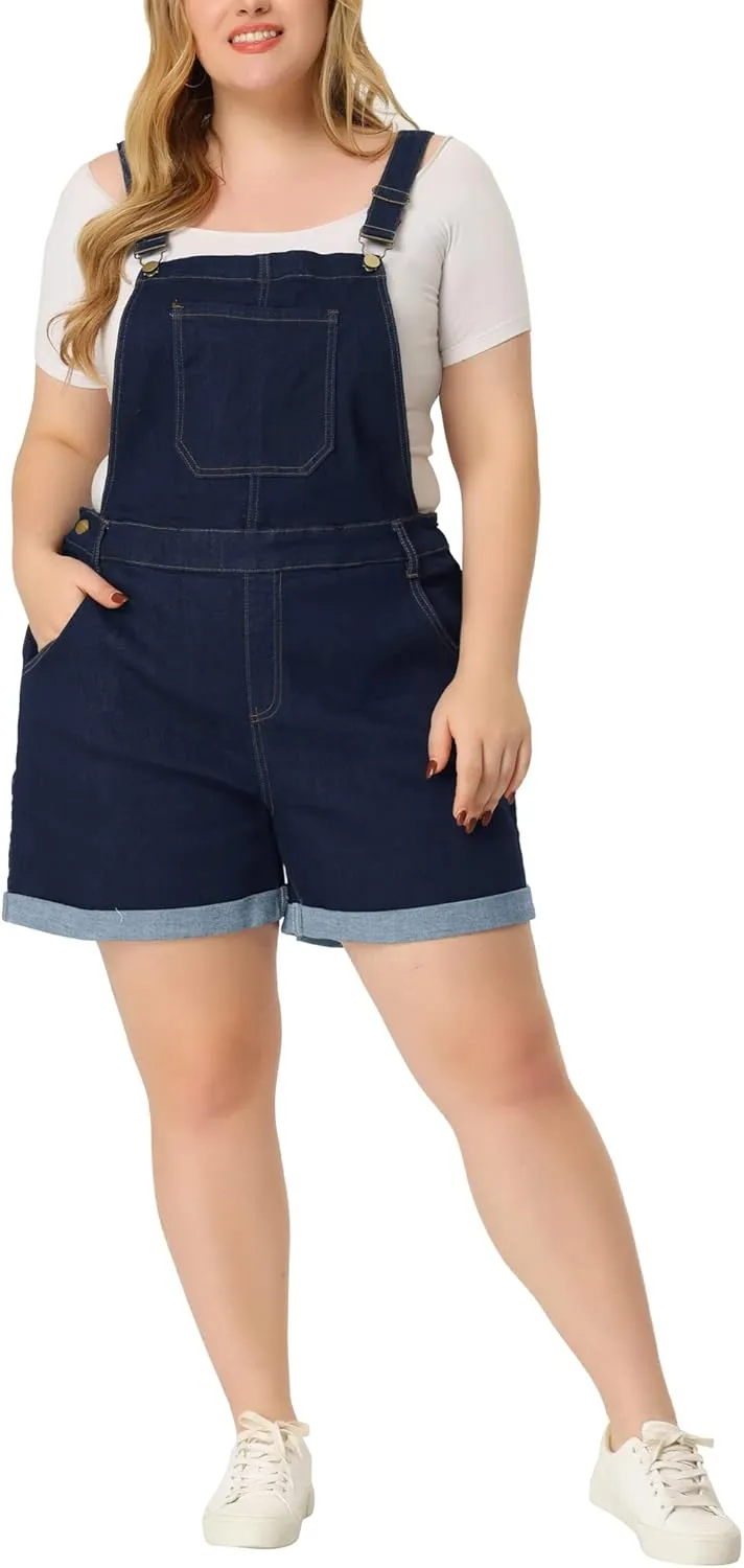 Agnes Orinda Plus Size Overall Shorts for Women Jumpsuit Roll Hem Pocket Jean Denim Overalls