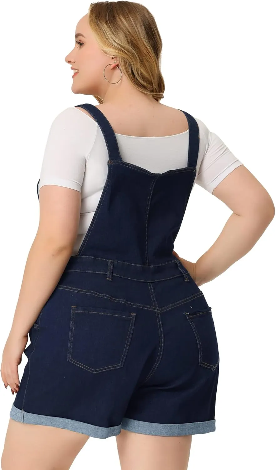 Agnes Orinda Plus Size Overall Shorts for Women Jumpsuit Roll Hem Pocket Jean Denim Overalls