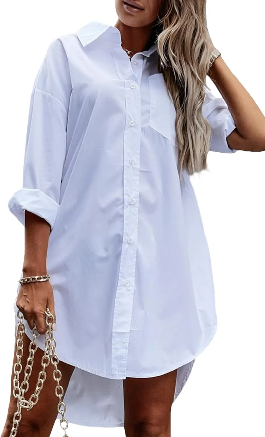 AIRRMUVE Women's Button Down Long Sleeve Shirt Dress Collar V Neck High Low Hem Loose Dresses