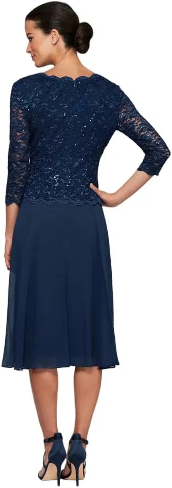 Alex Evenings Women's Tea Length Embroidered Bodice Mother of The Bride Gown, Wedding Guest Dress (Petite and Regular Sizes)
