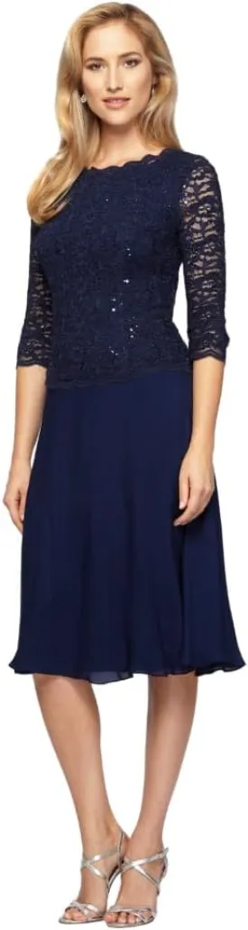 Alex Evenings Women's Tea Length Embroidered Bodice Mother of The Bride Gown, Wedding Guest Dress (Petite and Regular Sizes)