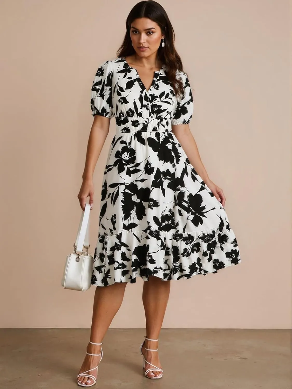 ALLOVIN Womens 2025 Floral Summer Midi Dress with Pockets - V-Neck A-Line Short Sleeve Smocked Waist, Ruffle Tiered Dress