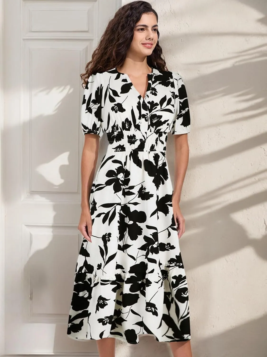 ALLOVIN Womens 2025 Floral Summer Midi Dress with Pockets - V-Neck A-Line Short Sleeve Smocked Waist, Ruffle Tiered Dress