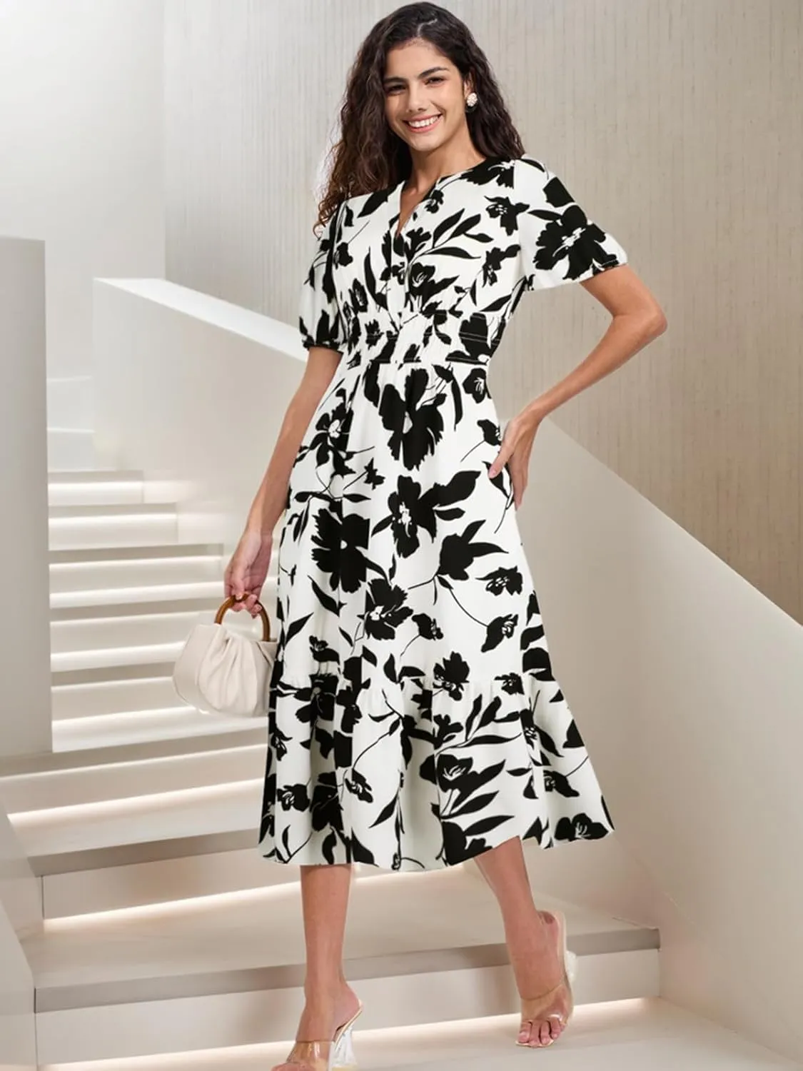 ALLOVIN Womens 2025 Floral Summer Midi Dress with Pockets - V-Neck A-Line Short Sleeve Smocked Waist, Ruffle Tiered Dress