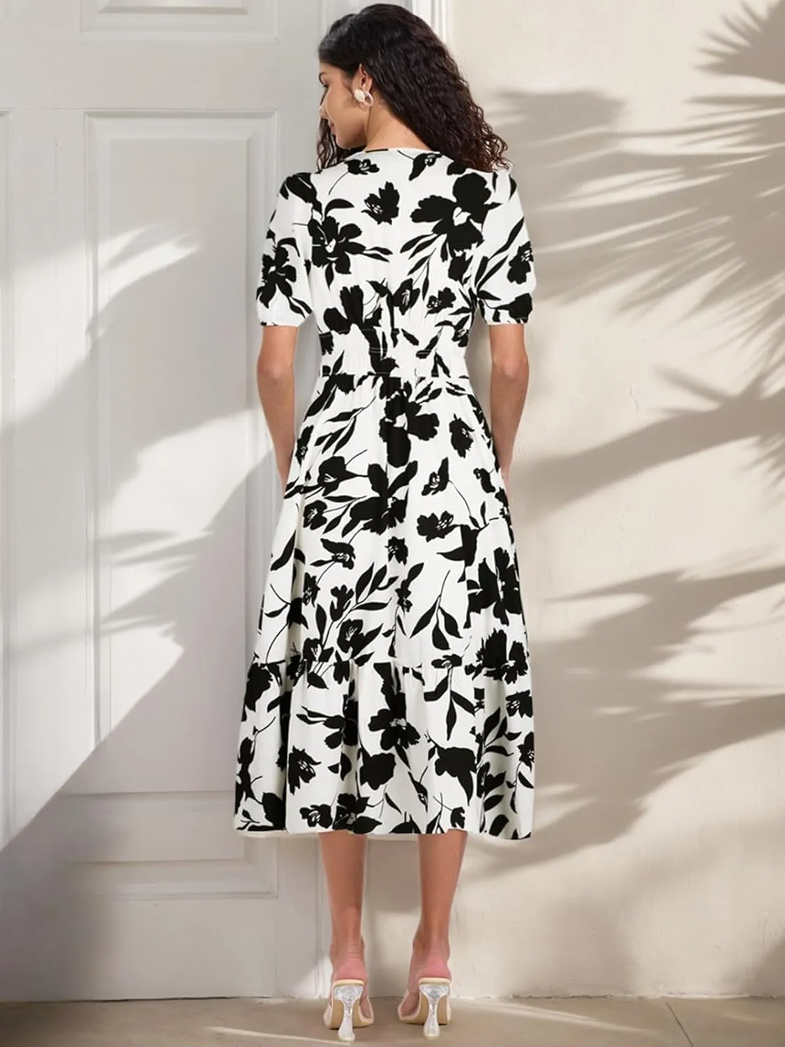 ALLOVIN Womens 2025 Floral Summer Midi Dress with Pockets - V-Neck A-Line Short Sleeve Smocked Waist, Ruffle Tiered Dress