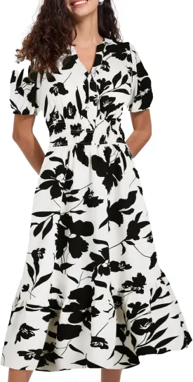 ALLOVIN Womens 2025 Floral Summer Midi Dress with Pockets - V-Neck A-Line Short Sleeve Smocked Waist, Ruffle Tiered Dress