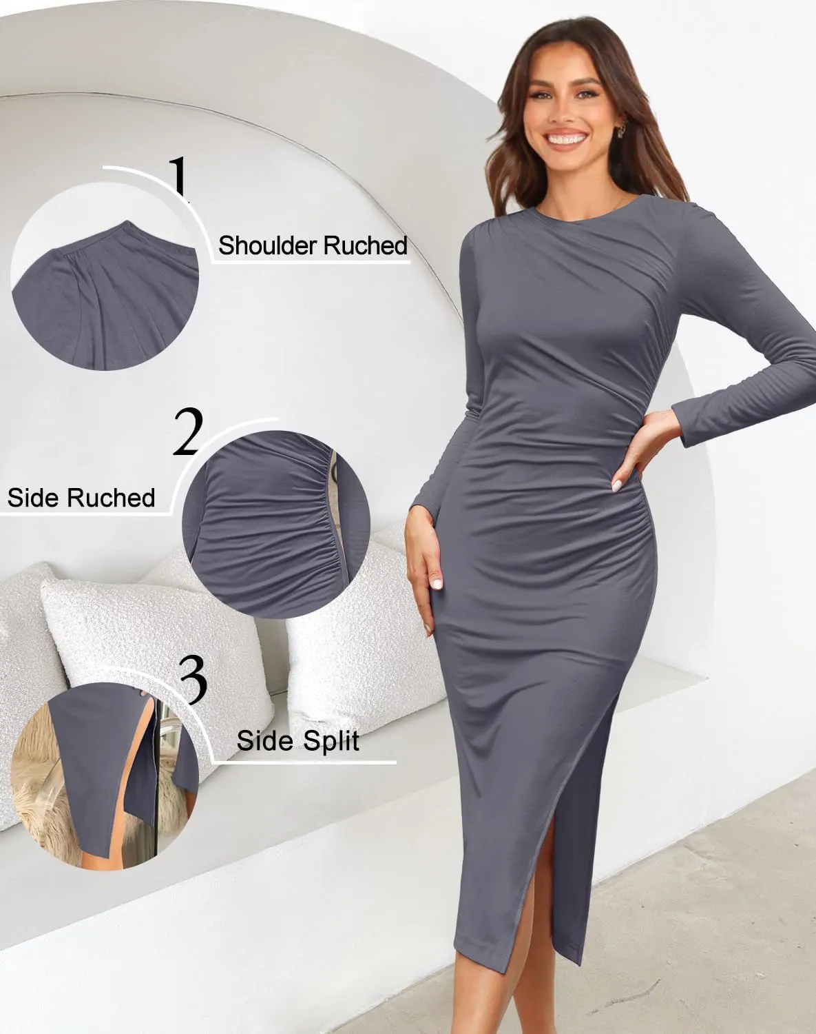 Annebouti Women's Winter Spring Long Sleeve Wedding Guest Dress Ruched Side Slit Bodycon Cocktail Party Midi Dress