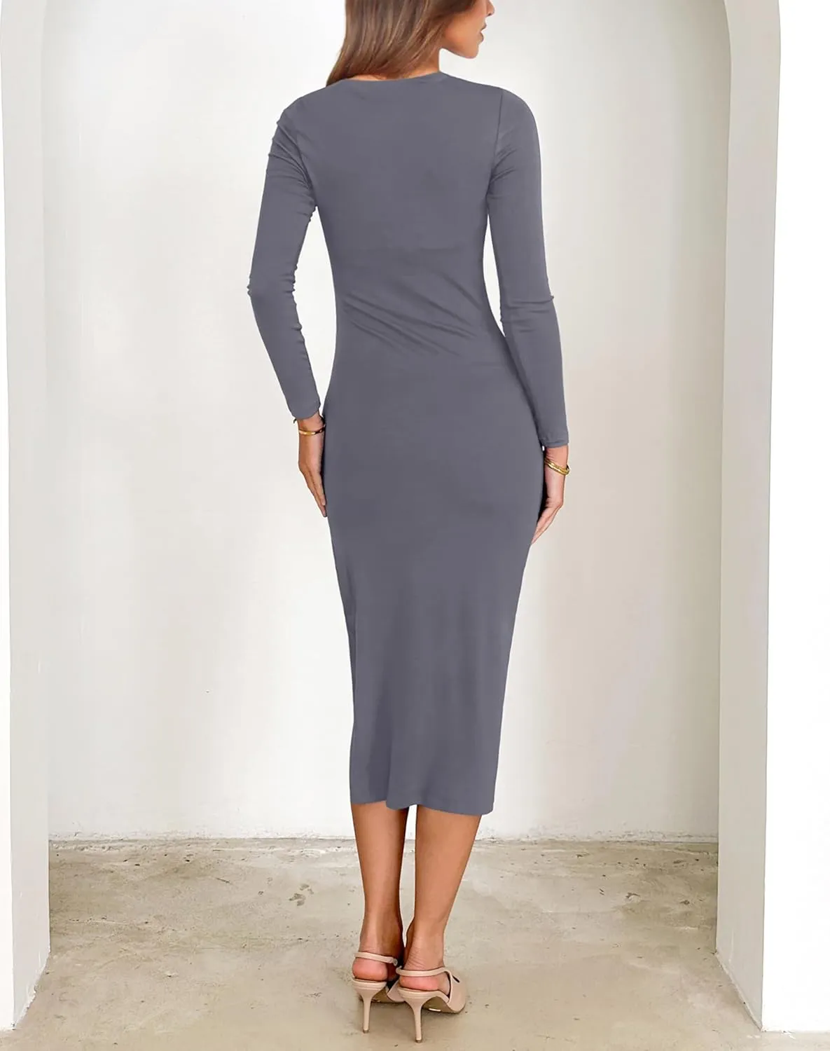Annebouti Women's Winter Spring Long Sleeve Wedding Guest Dress Ruched Side Slit Bodycon Cocktail Party Midi Dress