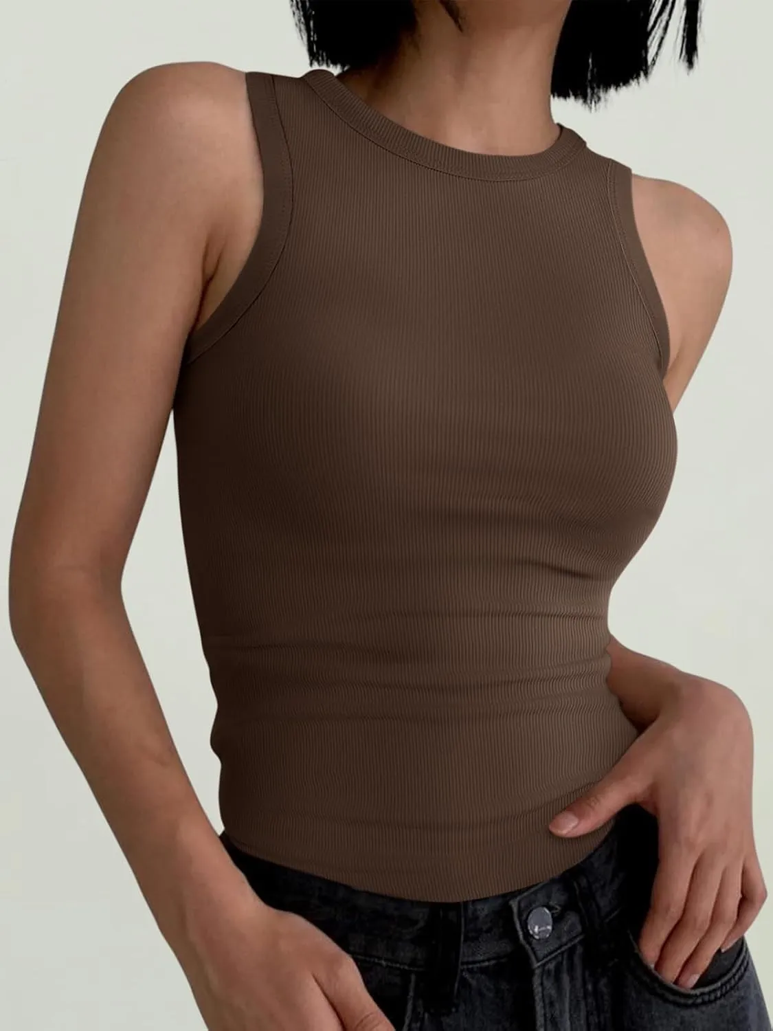 ANRABESS Womens Sleeveless High Neck Tank Tops Fashion Summer Casual Basic Slim Fit Ribbed Racerback Top Shirt Clothes