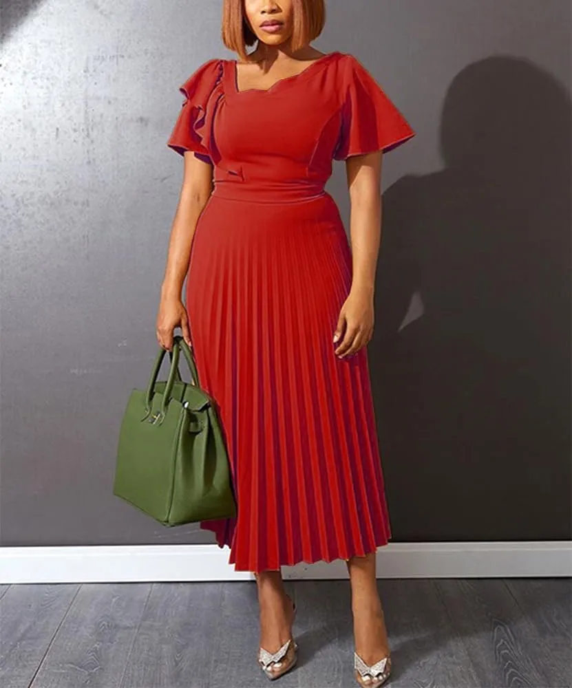 AOMEI Women's Short Sleeve Asymmetrical Ruffles High Waist Pleated Hem Midi Spring Dress