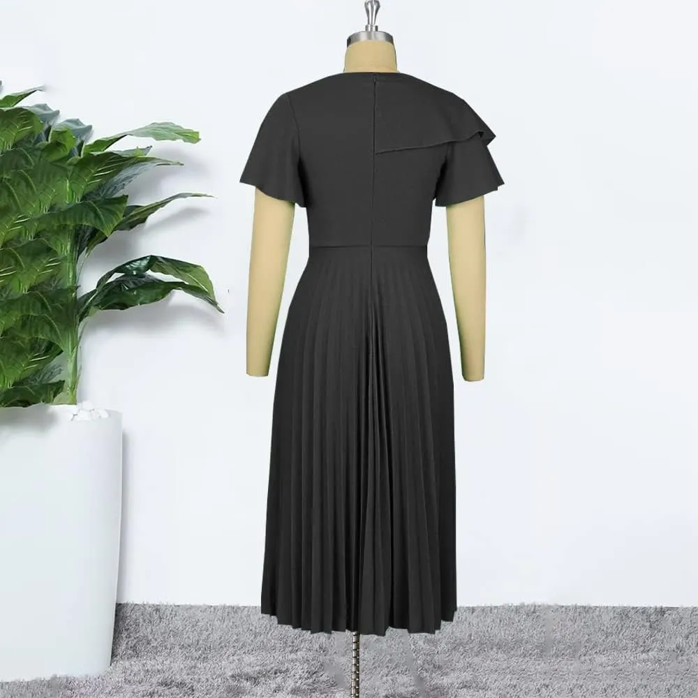 AOMEI Women's Short Sleeve Asymmetrical Ruffles High Waist Pleated Hem Midi Spring Dress