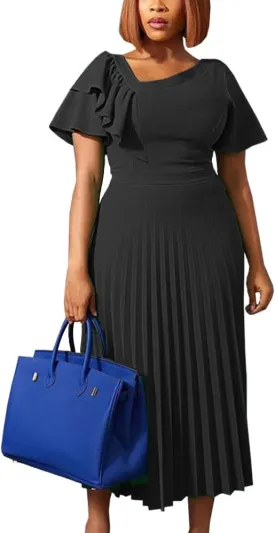 AOMEI Women's Short Sleeve Asymmetrical Ruffles High Waist Pleated Hem Midi Spring Dress