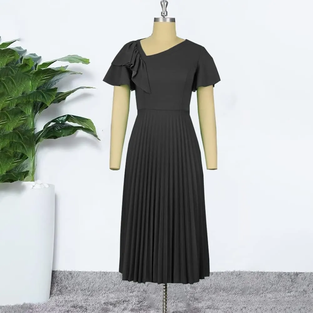 AOMEI Women's Short Sleeve Asymmetrical Ruffles High Waist Pleated Hem Midi Spring Dress