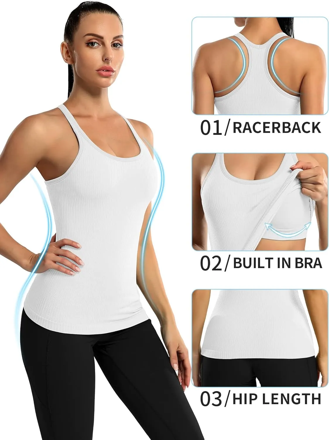 ATTRACO Ribbed Workout Tank Tops for Women with Built in Bra Tight Racerback Scoop Neck Athletic Top