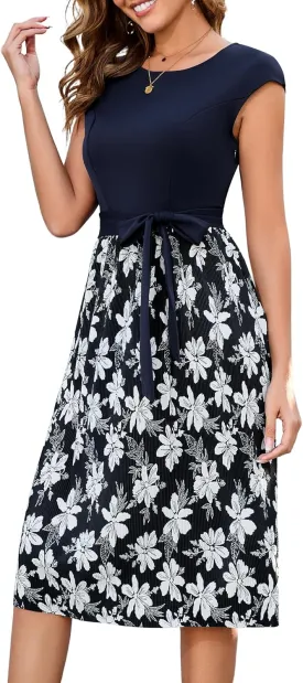 Aupuls Womens Floral Dresses Pleated Belted Casual A Line Midi Beach Wedding Guest Dress