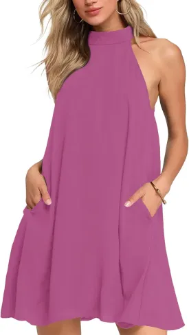 AUSELILY Womens Summer Dress Sleeveless Halter Neck Beach Dress Casual Sundresses with Pockets