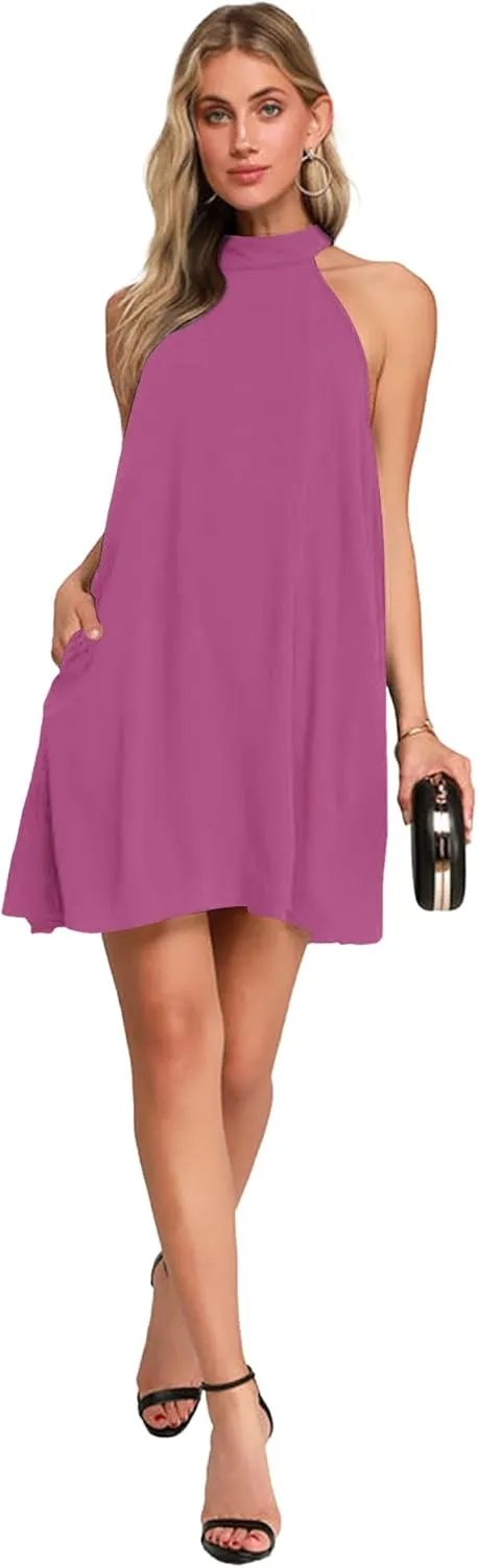 AUSELILY Womens Summer Dress Sleeveless Halter Neck Beach Dress Casual Sundresses with Pockets