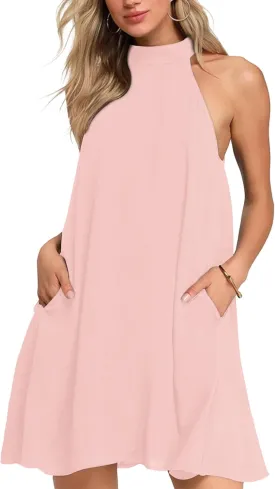 AUSELILY Womens Summer Dress Sleeveless Halter Neck Beach Dress Casual Sundresses with Pockets