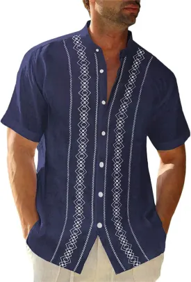 Beach Top for Men Geometric Patterns Stripe Summer Short Sleeve Shirt Camp Cuban Guayabera Button Down Shirt