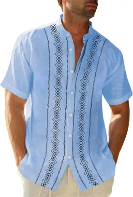 Beach Top for Men Geometric Patterns Stripe Summer Short Sleeve Shirt Camp Cuban Guayabera Button Down Shirt