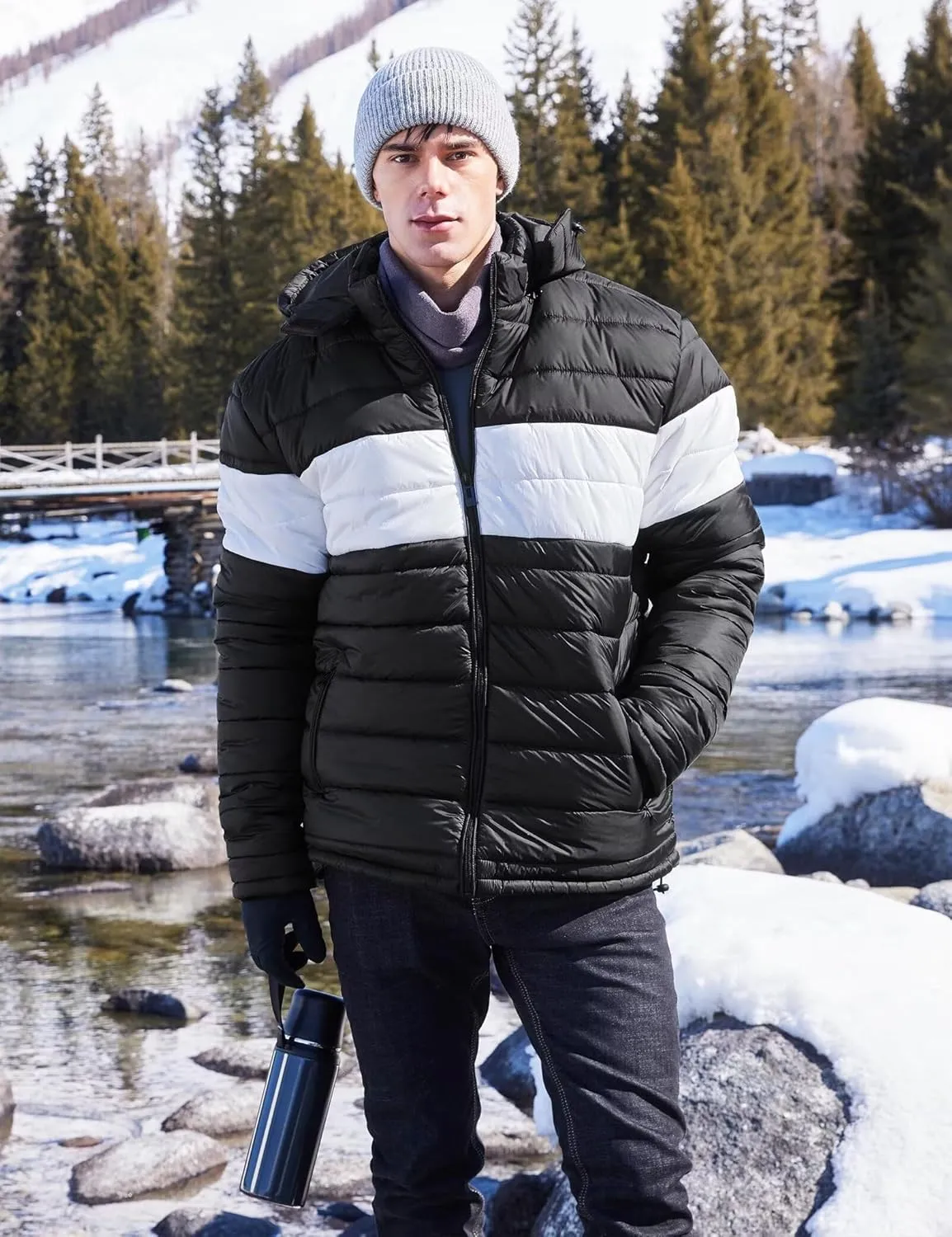 BEST SOUTH Men's Winter Puffer Jacket Hooded Puffy Fleece Warm Lightweight Coat Outerwear Cold Weather