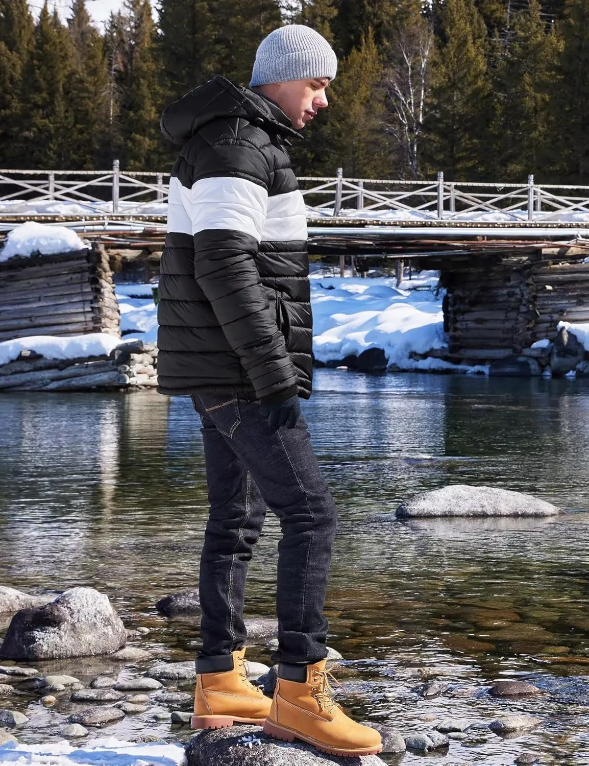BEST SOUTH Men's Winter Puffer Jacket Hooded Puffy Fleece Warm Lightweight Coat Outerwear Cold Weather