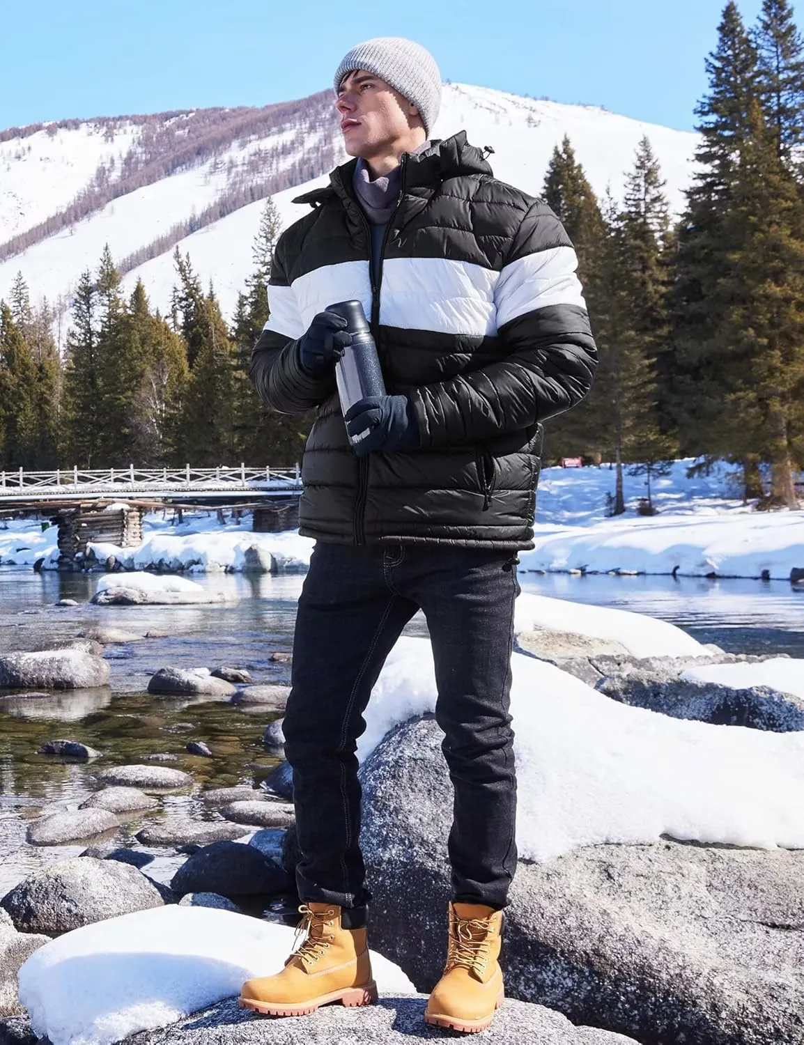 BEST SOUTH Men's Winter Puffer Jacket Hooded Puffy Fleece Warm Lightweight Coat Outerwear Cold Weather