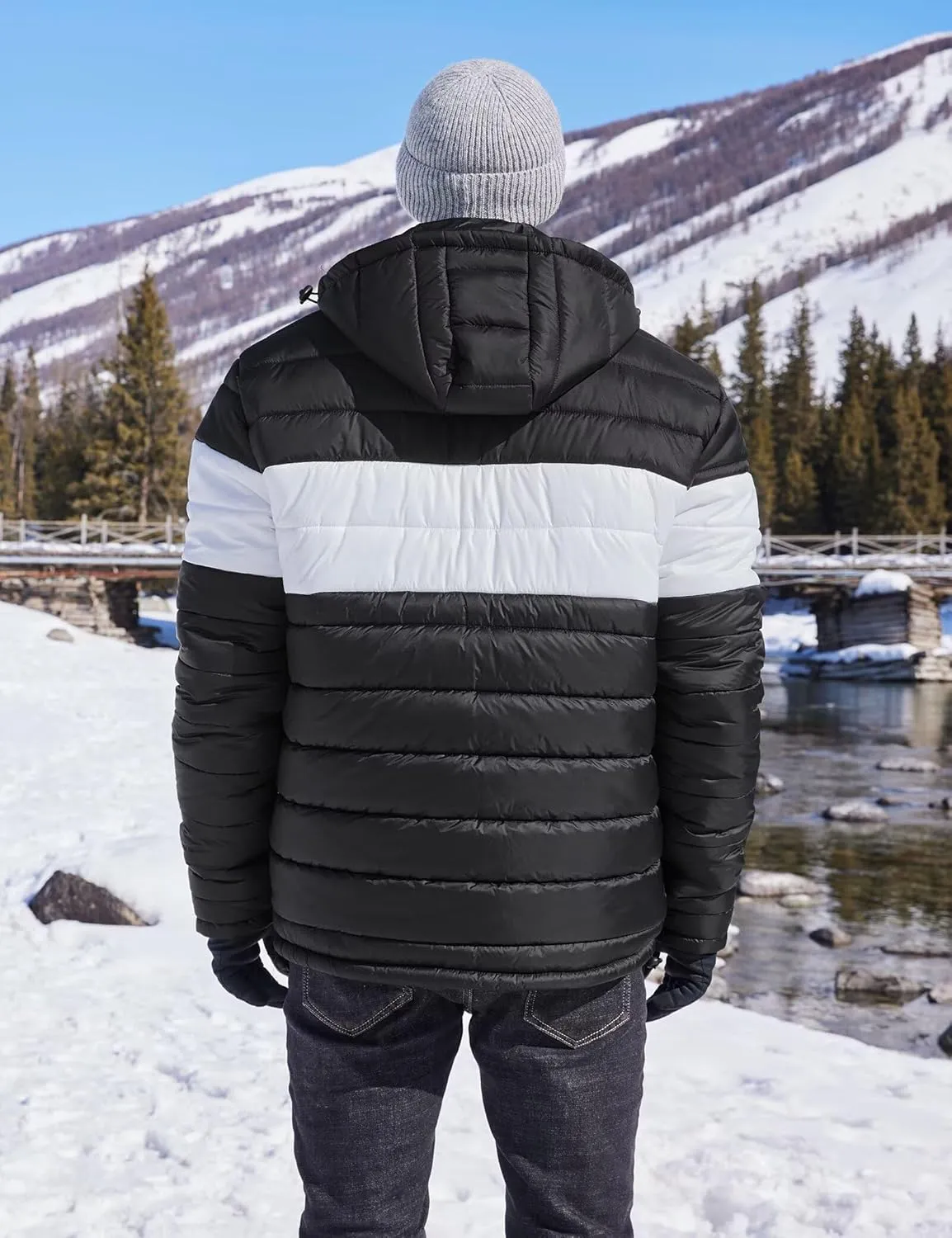 BEST SOUTH Men's Winter Puffer Jacket Hooded Puffy Fleece Warm Lightweight Coat Outerwear Cold Weather