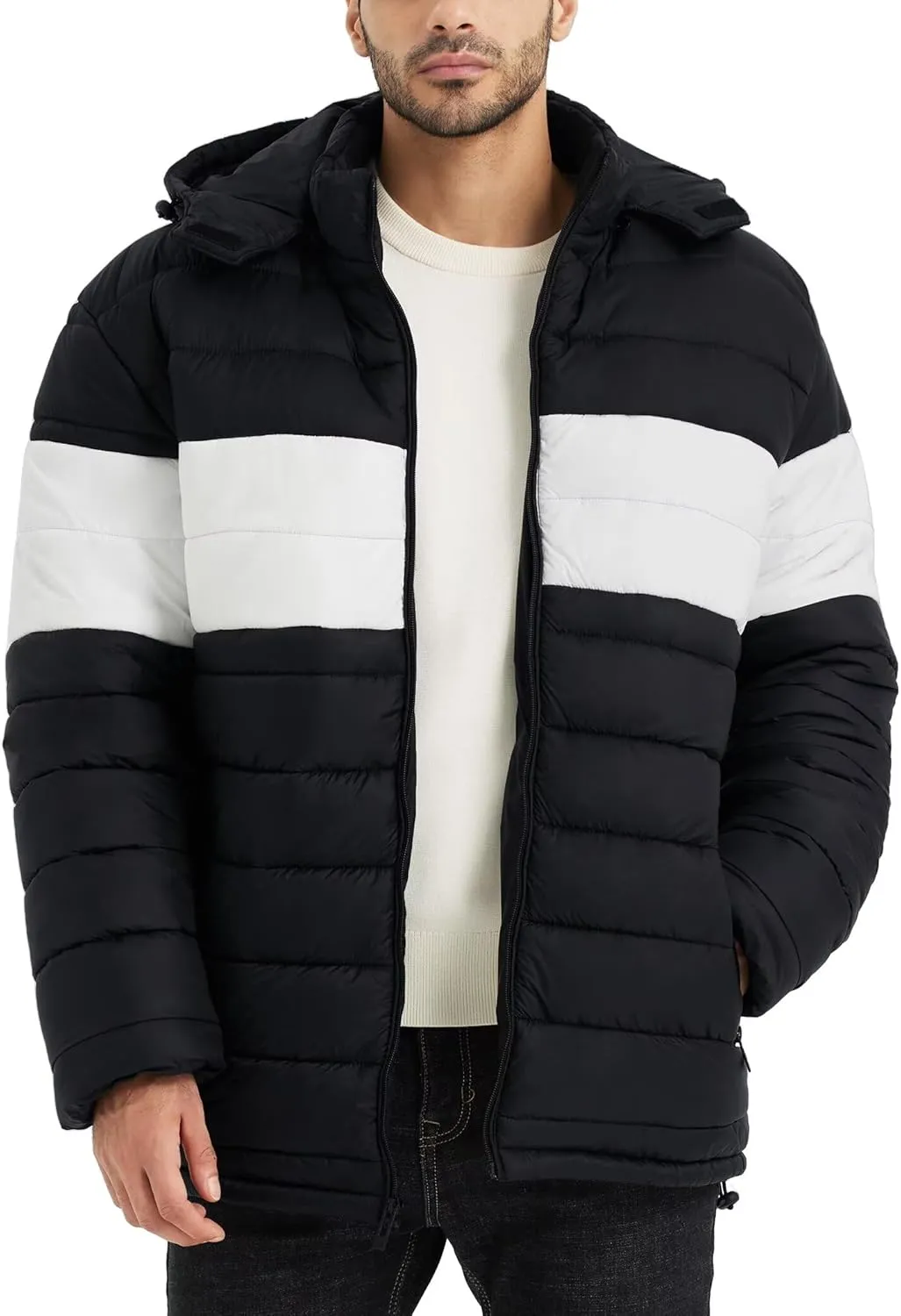 BEST SOUTH Men's Winter Puffer Jacket Hooded Puffy Fleece Warm Lightweight Coat Outerwear Cold Weather