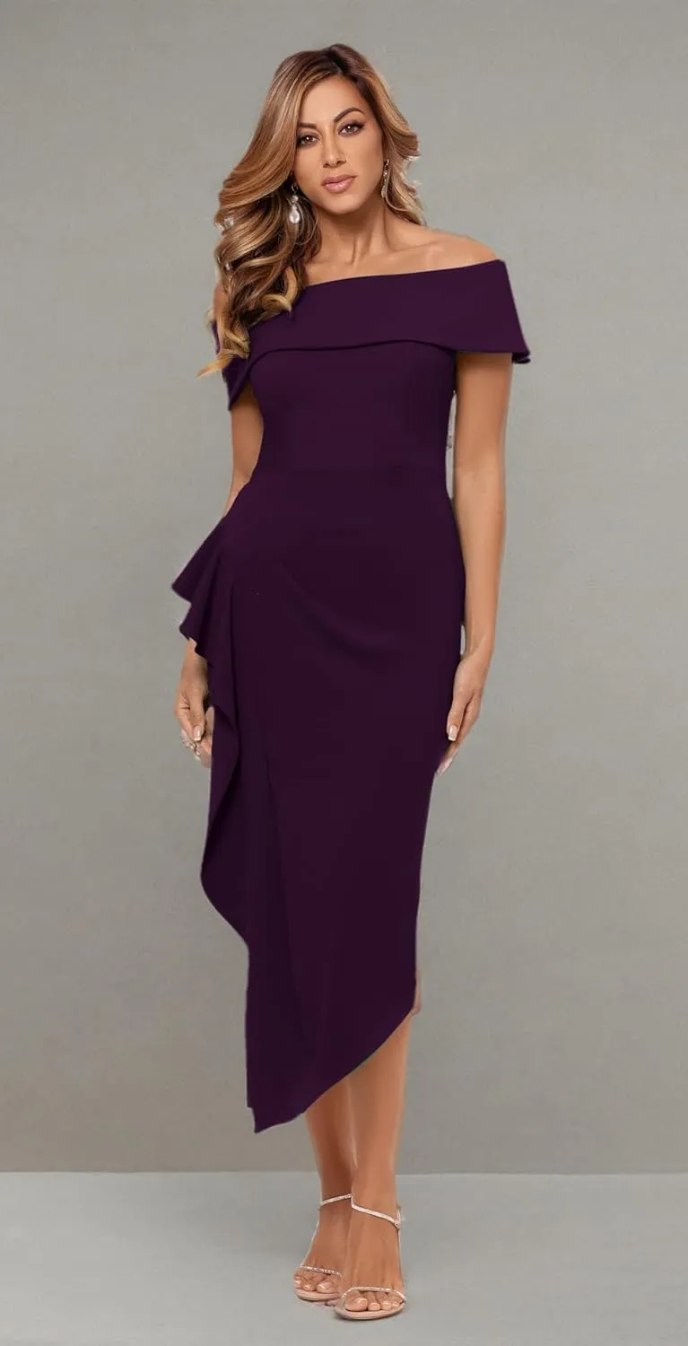 Betsy & Adam Women's Midi Off Shoulder Scuba Crepe Side Ruched Dress