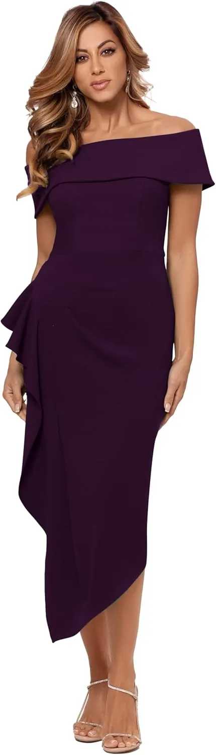 Betsy & Adam Women's Midi Off Shoulder Scuba Crepe Side Ruched Dress