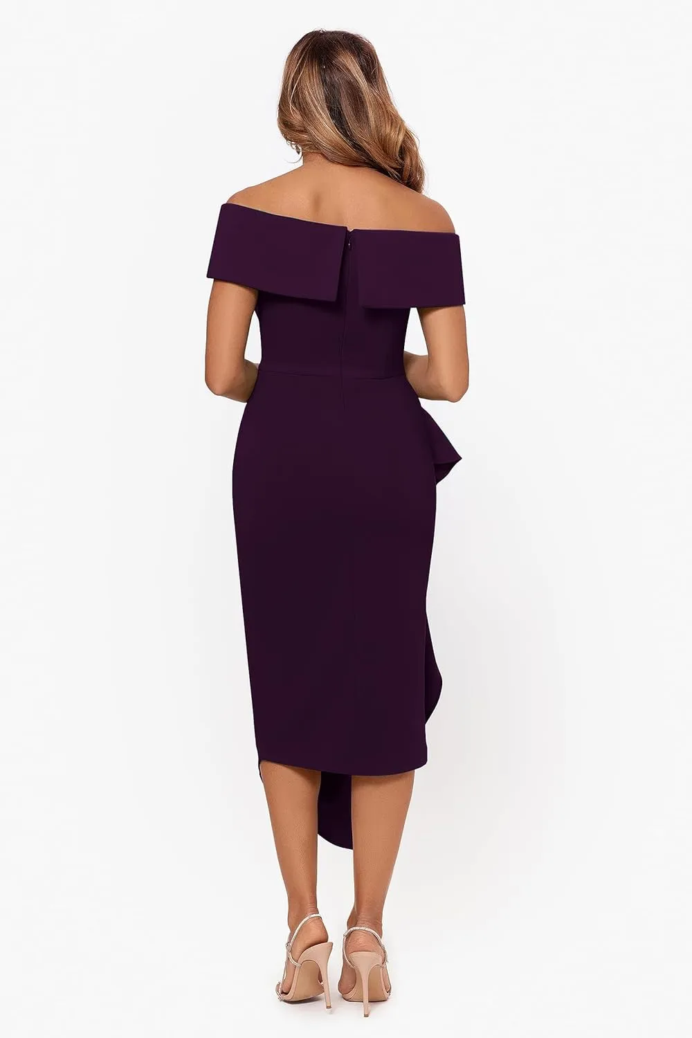 Betsy & Adam Women's Midi Off Shoulder Scuba Crepe Side Ruched Dress