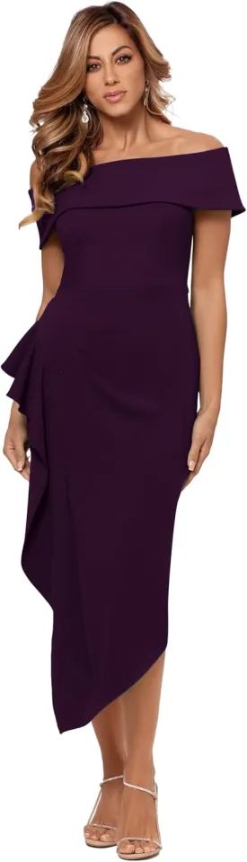 Betsy & Adam Women's Midi Off Shoulder Scuba Crepe Side Ruched Dress