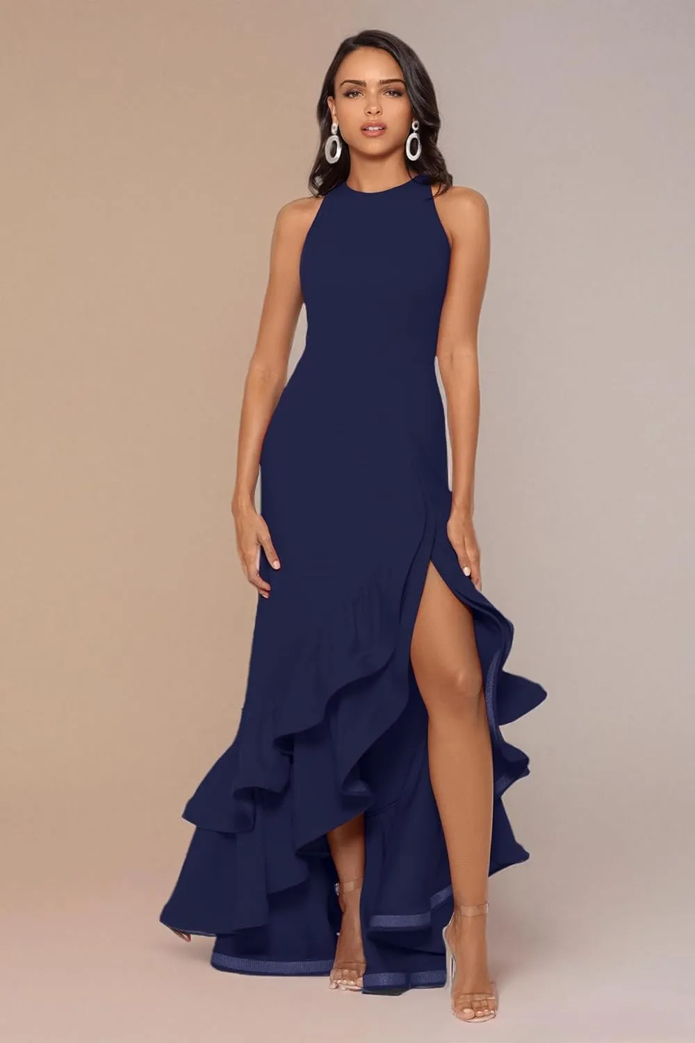 Betsy & Adam Women's Petite Long Sleeveless Stretch Scuba Crepe Ruffle Dress