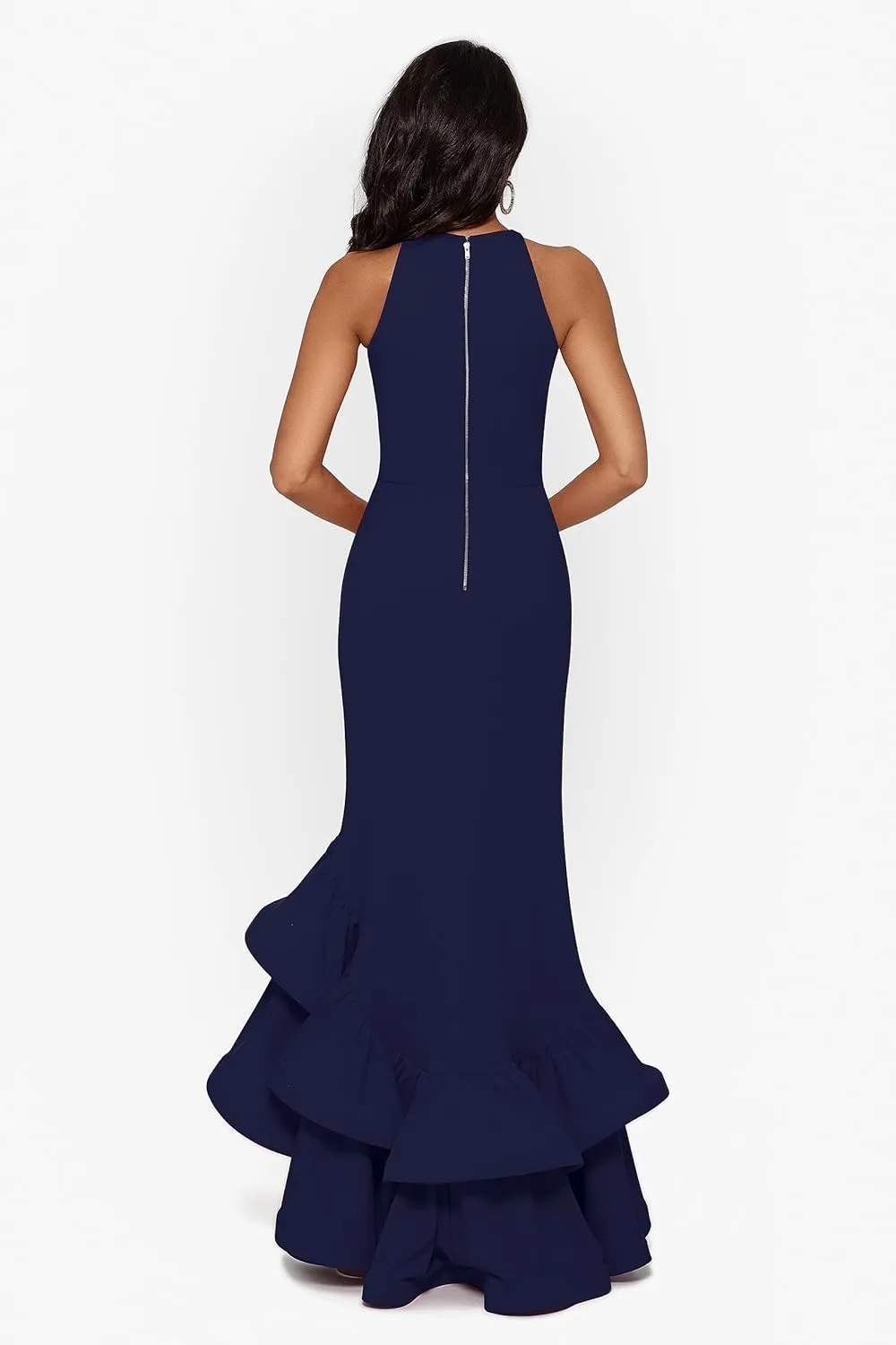 Betsy & Adam Women's Petite Long Sleeveless Stretch Scuba Crepe Ruffle Dress