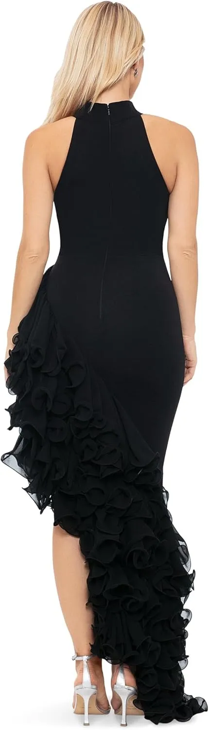 Betsy & Adam Women's Sleeveless High Neck Ruffle Detail Asymmetrical Hem Dress