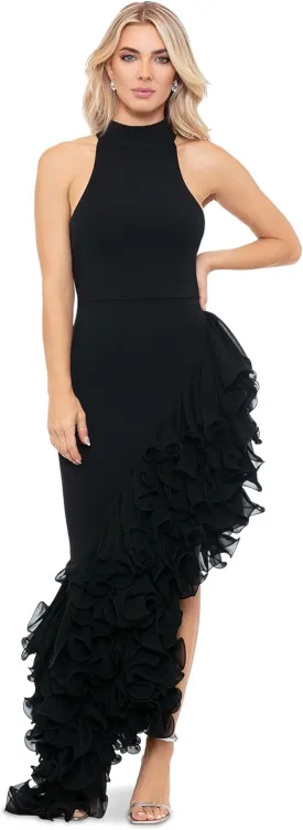 Betsy & Adam Women's Sleeveless High Neck Ruffle Detail Asymmetrical Hem Dress