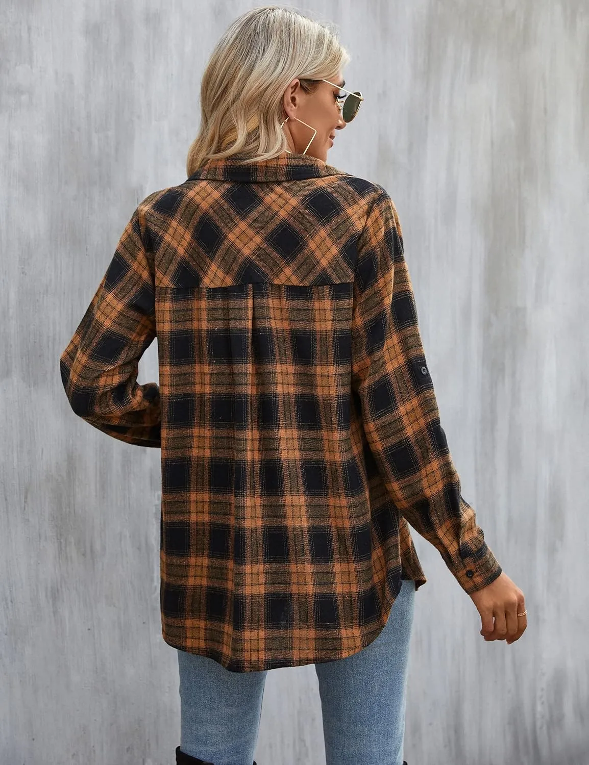 Blooming Jelly Women's Flannel Shirts Plaid Shacket Button Down Business Casual Blouse Roll Up Long Sleeve Fall Tops
