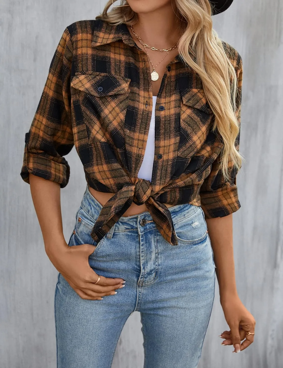 Blooming Jelly Women's Flannel Shirts Plaid Shacket Button Down Business Casual Blouse Roll Up Long Sleeve Fall Tops