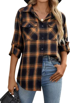Blooming Jelly Women's Flannel Shirts Plaid Shacket Button Down Business Casual Blouse Roll Up Long Sleeve Fall Tops