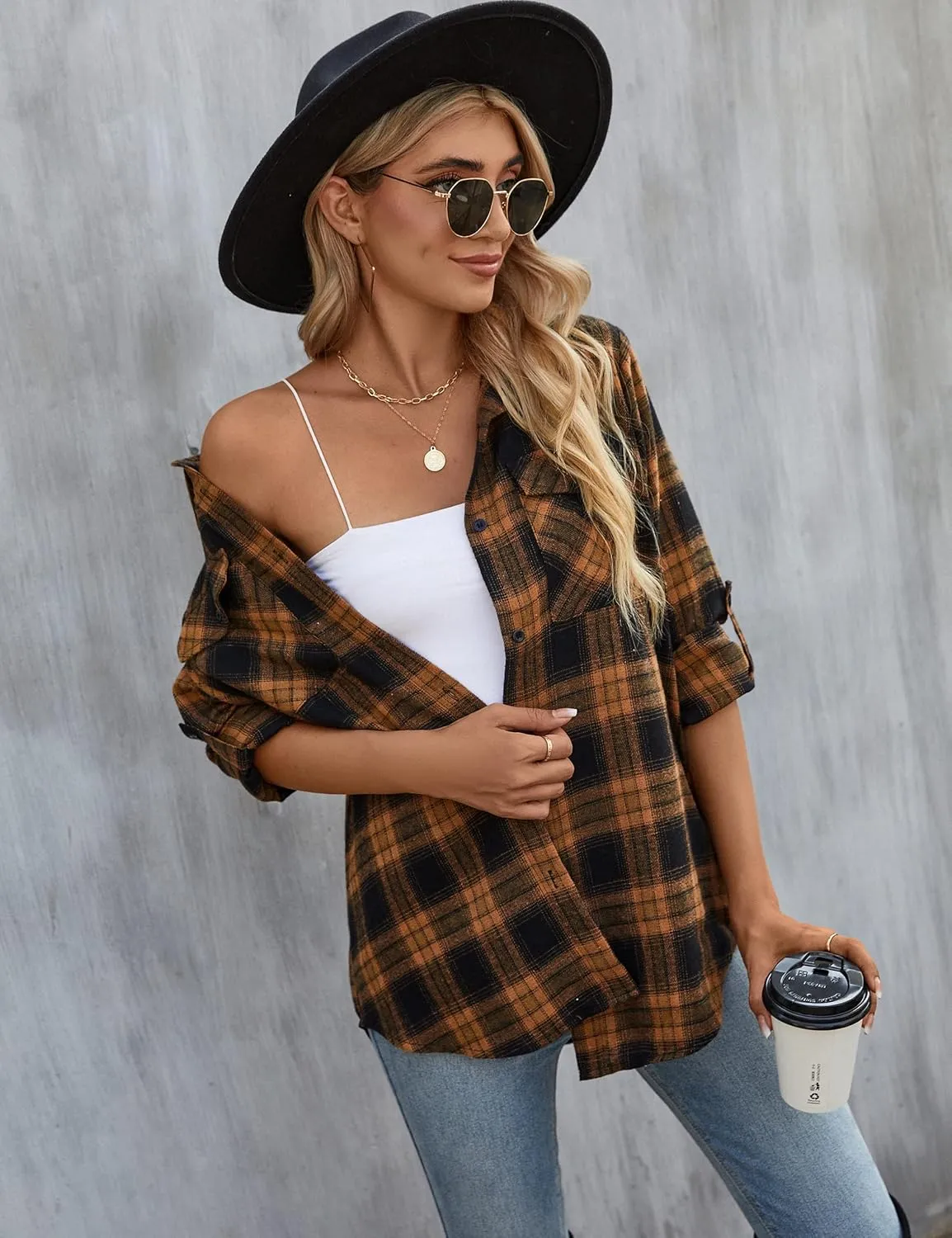 Blooming Jelly Women's Flannel Shirts Plaid Shacket Button Down Business Casual Blouse Roll Up Long Sleeve Fall Tops