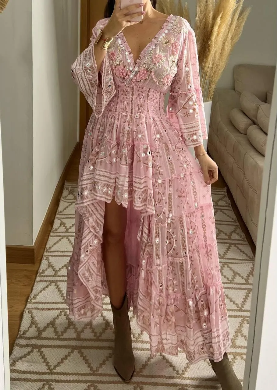 Boho Floral Lace Maxi Dress, V-Neck, Long Sleeve, High-Low Hem, Boho Wedding Dress, Bohemian Dress, Vintage Dress.