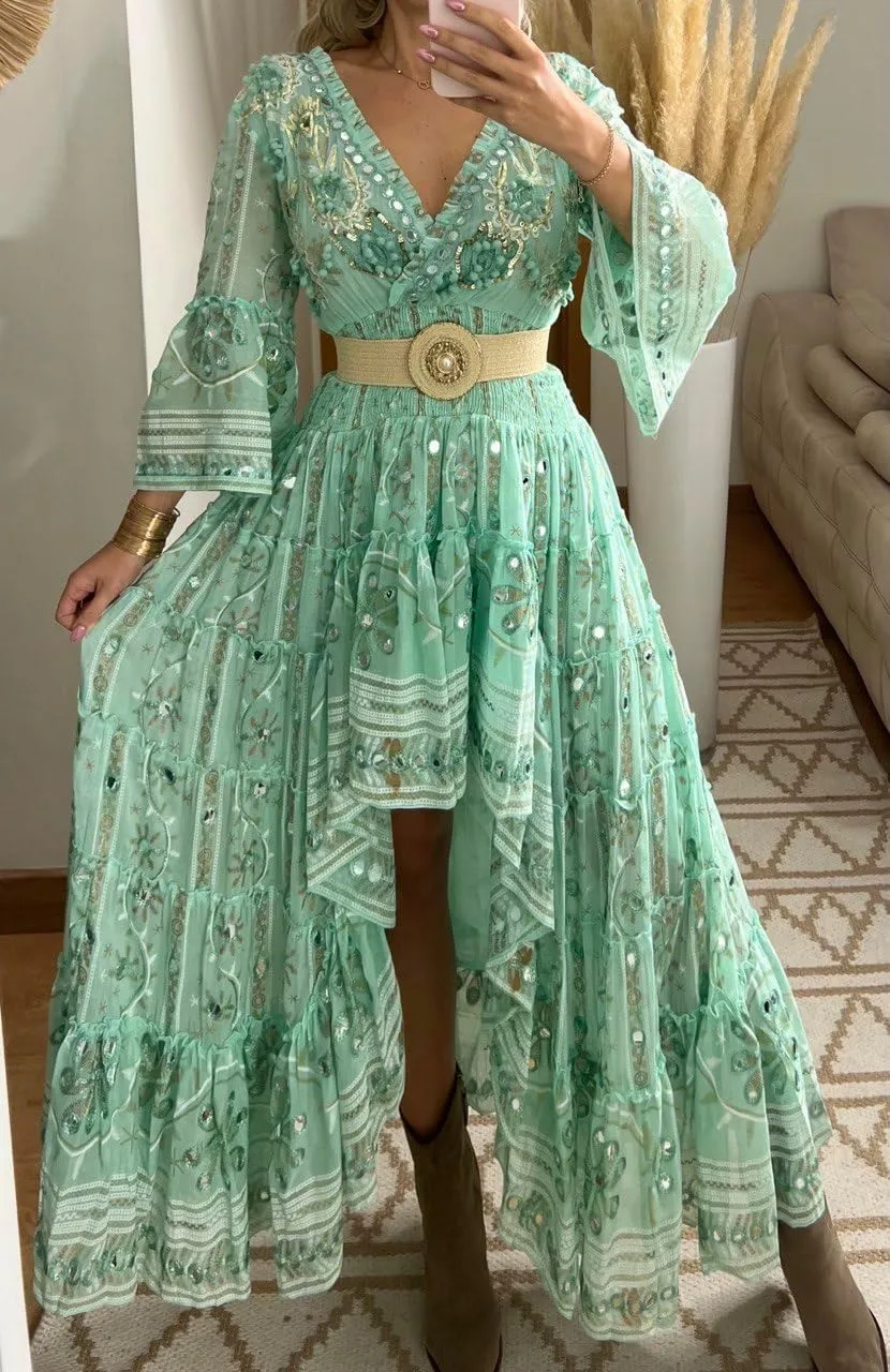 Boho Floral Lace Maxi Dress, V-Neck, Long Sleeve, High-Low Hem, Boho Wedding Dress, Bohemian Dress, Vintage Dress.
