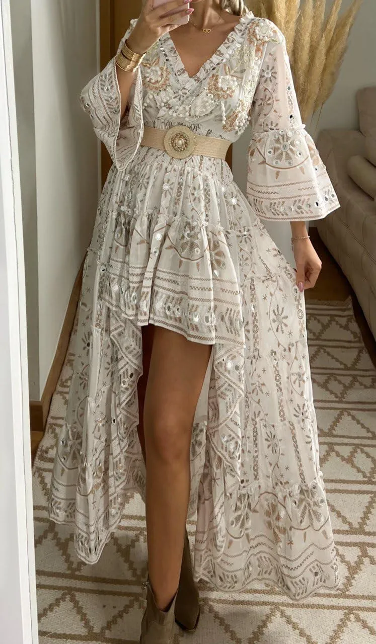 Boho Floral Lace Maxi Dress, V-Neck, Long Sleeve, High-Low Hem, Boho Wedding Dress, Bohemian Dress, Vintage Dress.
