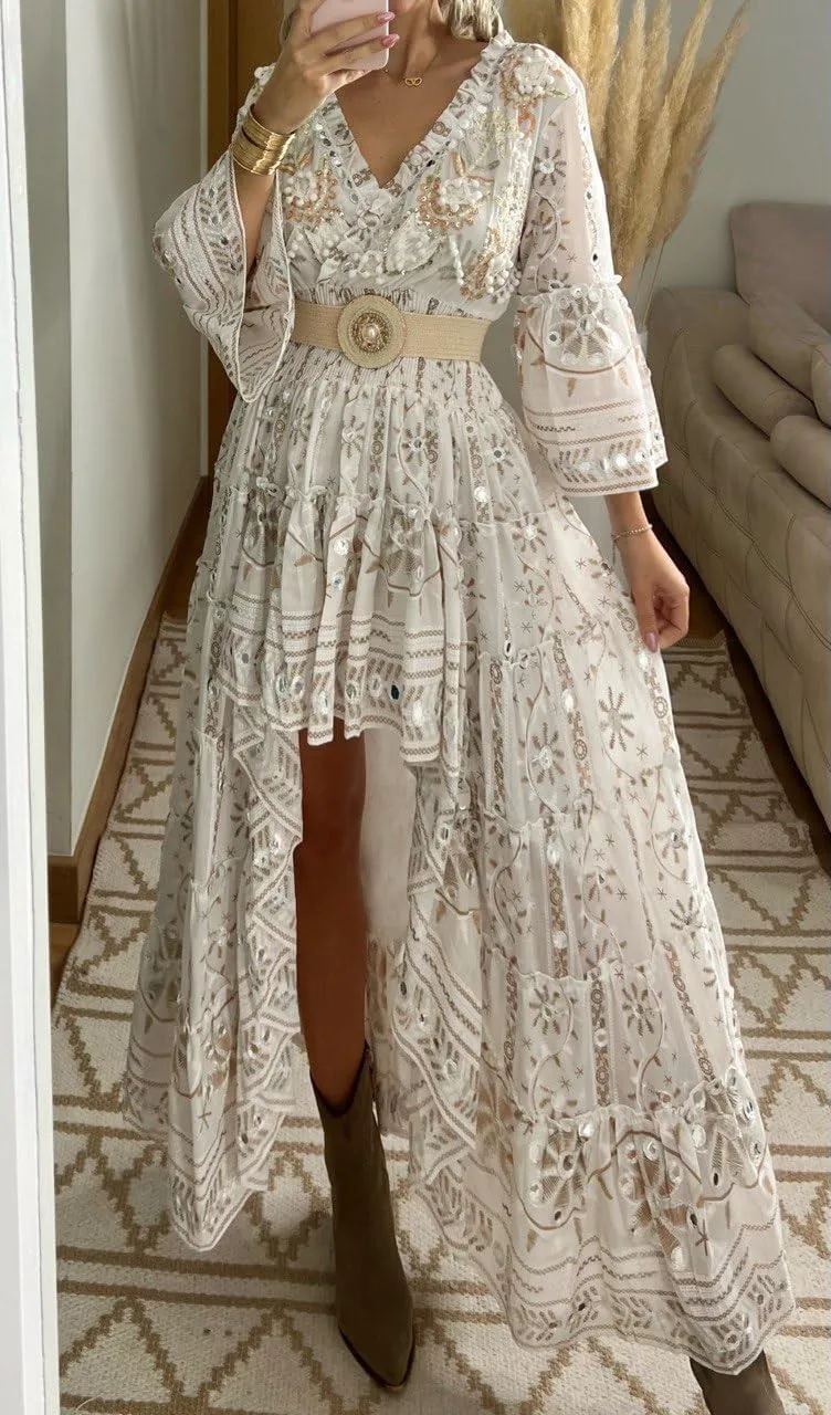 Boho Floral Lace Maxi Dress, V-Neck, Long Sleeve, High-Low Hem, Boho Wedding Dress, Bohemian Dress, Vintage Dress.