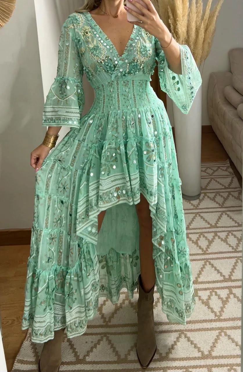 Boho Floral Lace Maxi Dress, V-Neck, Long Sleeve, High-Low Hem, Boho Wedding Dress, Bohemian Dress, Vintage Dress.