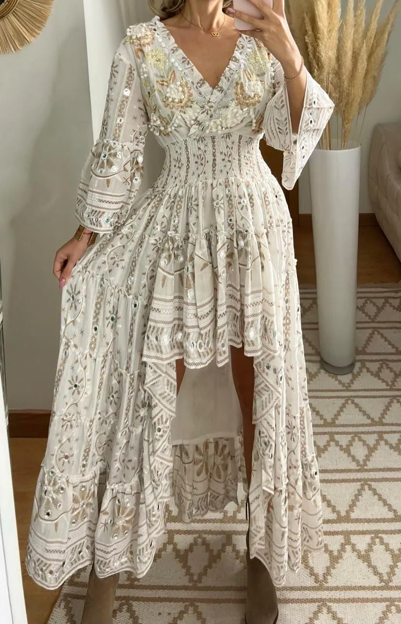 Boho Floral Lace Maxi Dress, V-Neck, Long Sleeve, High-Low Hem, Boho Wedding Dress, Bohemian Dress, Vintage Dress.