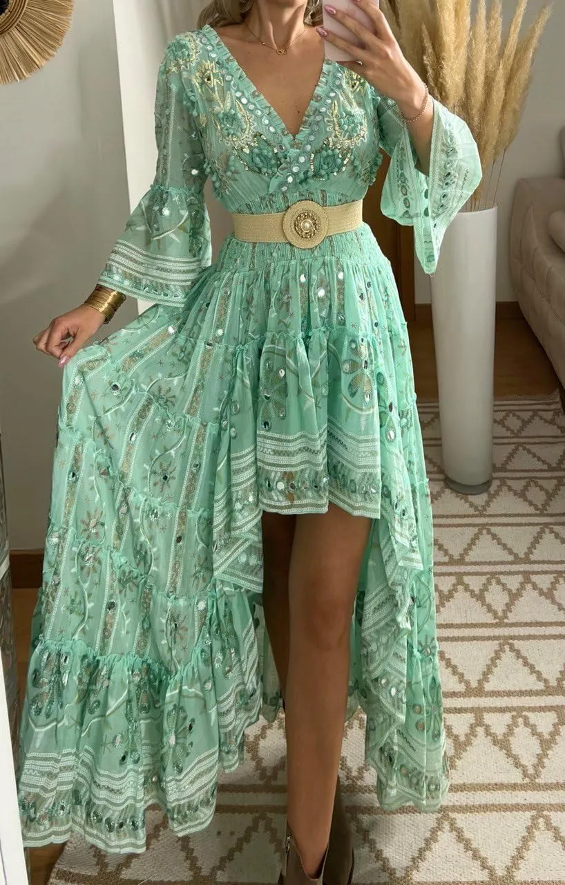 Boho Floral Lace Maxi Dress, V-Neck, Long Sleeve, High-Low Hem, Boho Wedding Dress, Bohemian Dress, Vintage Dress.